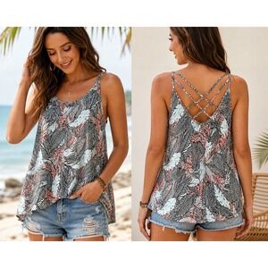 Roxy Tropical Leaf Print Tank Top Women M Strappy Back Viscose Summer Boho